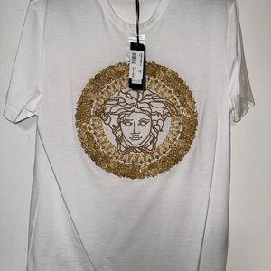 Versace White Tee with Gold Medusa Emblem